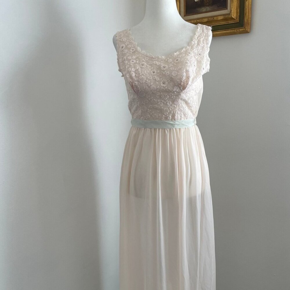 Vintage Negligee Light Blush Long Sheer & Lace Nightgown Sage Sash Slip Dress M